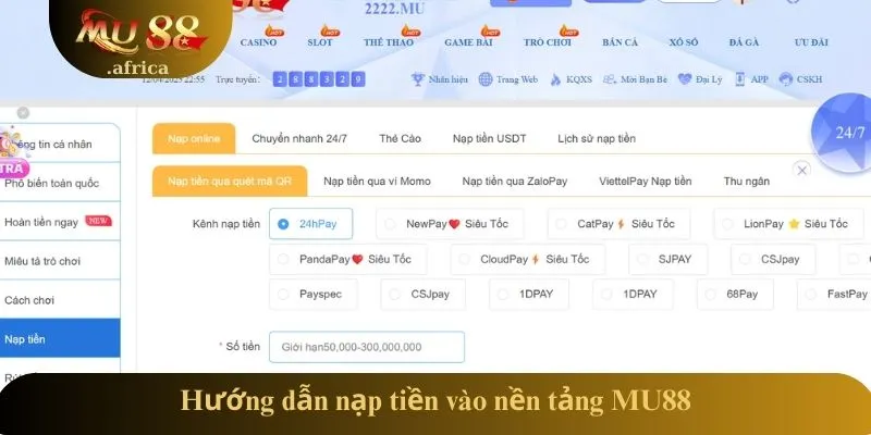TRANG CHỦ 18 Hướng dẫn nạp tiền vào nền tảng MU88
