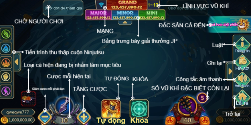 Ninja Fishing – Siêu Phẩm Bắn Cá Phong Cách Ninja tại sảnh TP Fishing nhà cái MU88 3 Bảng tính năng trong game Ninja Fishing